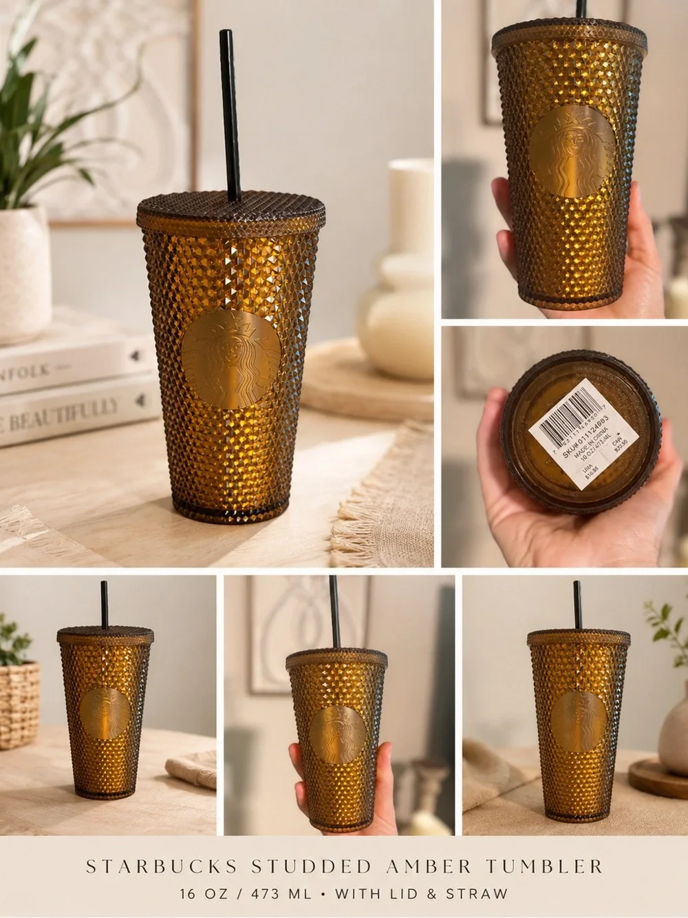 Starbucks 50th Anniversary Edition Grande 16 oz Honeycomb Stud Tumbler Cup Gold